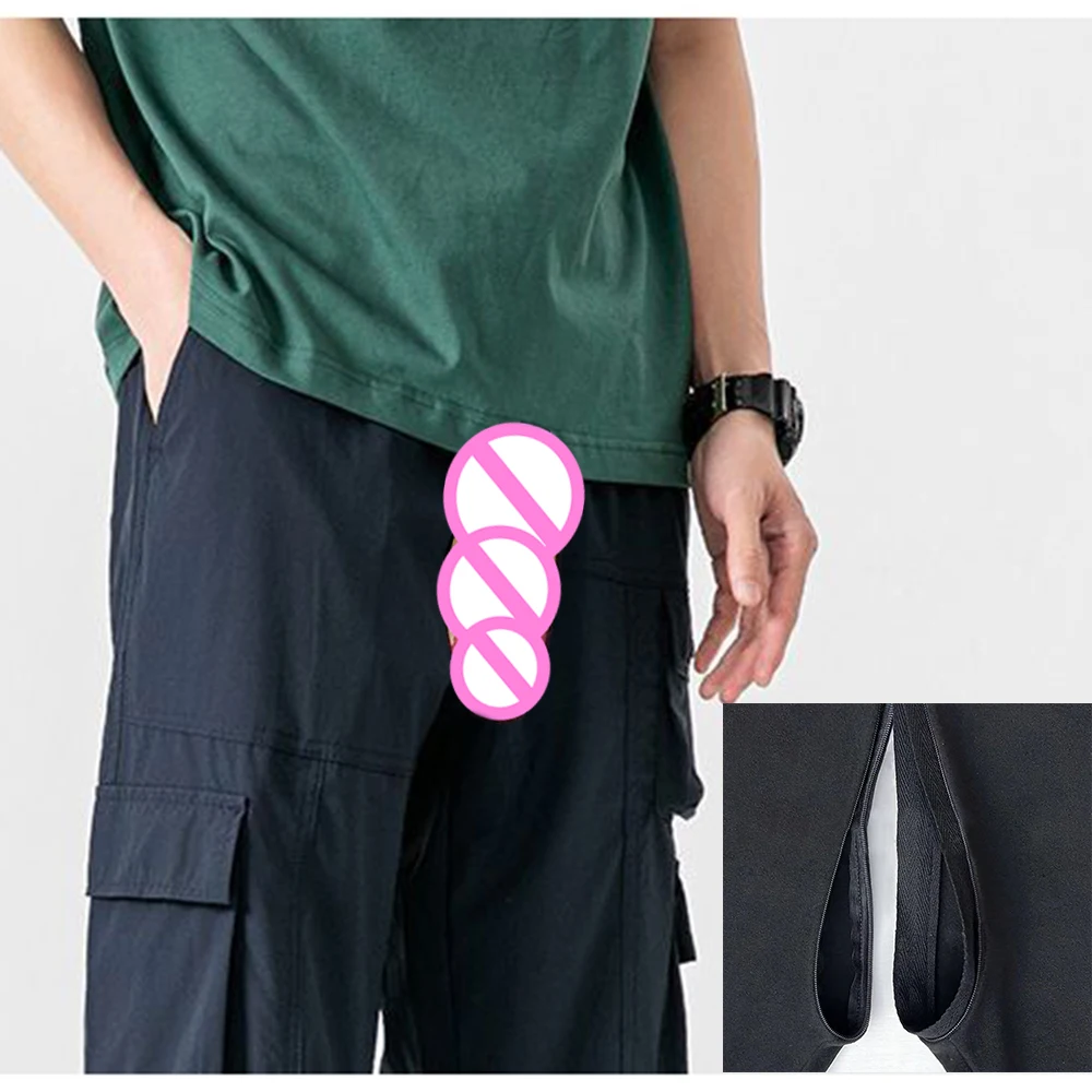 Invisible Open Crotch Outdoor Sex Navy Blue Overalls Men Summer Thin Quick-drying Paratrooper Shock Pants Straight Exotic Short