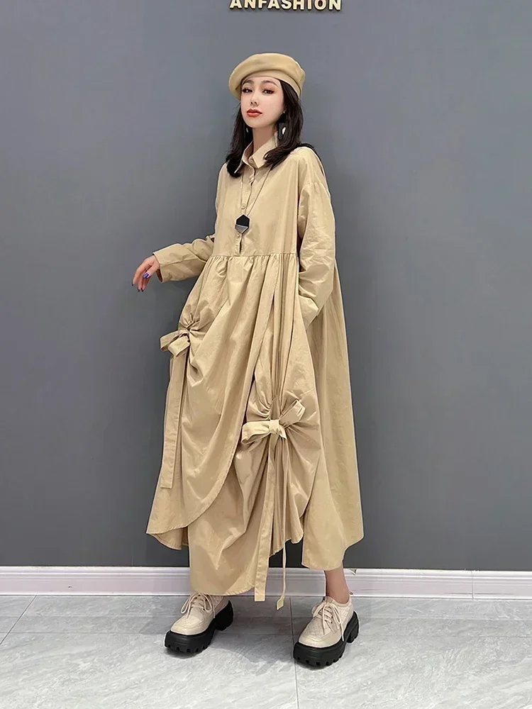 XITAO Irregular Folds Shirt Dress Solid Color Pleated Splicing Bow Hem Spring Long Sleeve Turn-down Collar Shirt Dress WLD8722