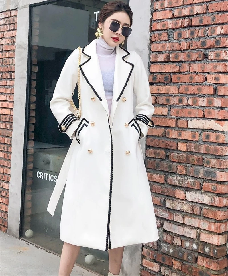 

White Woolen Coat Women Mid-length Autumn/Winter Jacket Coat British Hepburn Thicken Slim Black Double-breasted Coat Trench Coat