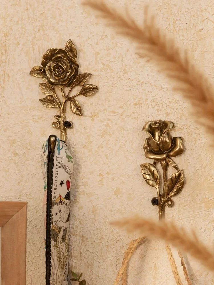 French Retro Decorative Hook Gold Light Luxury Creative Clothes Key Flower Single Hook Wall Hanging Punching  Wall Decoration