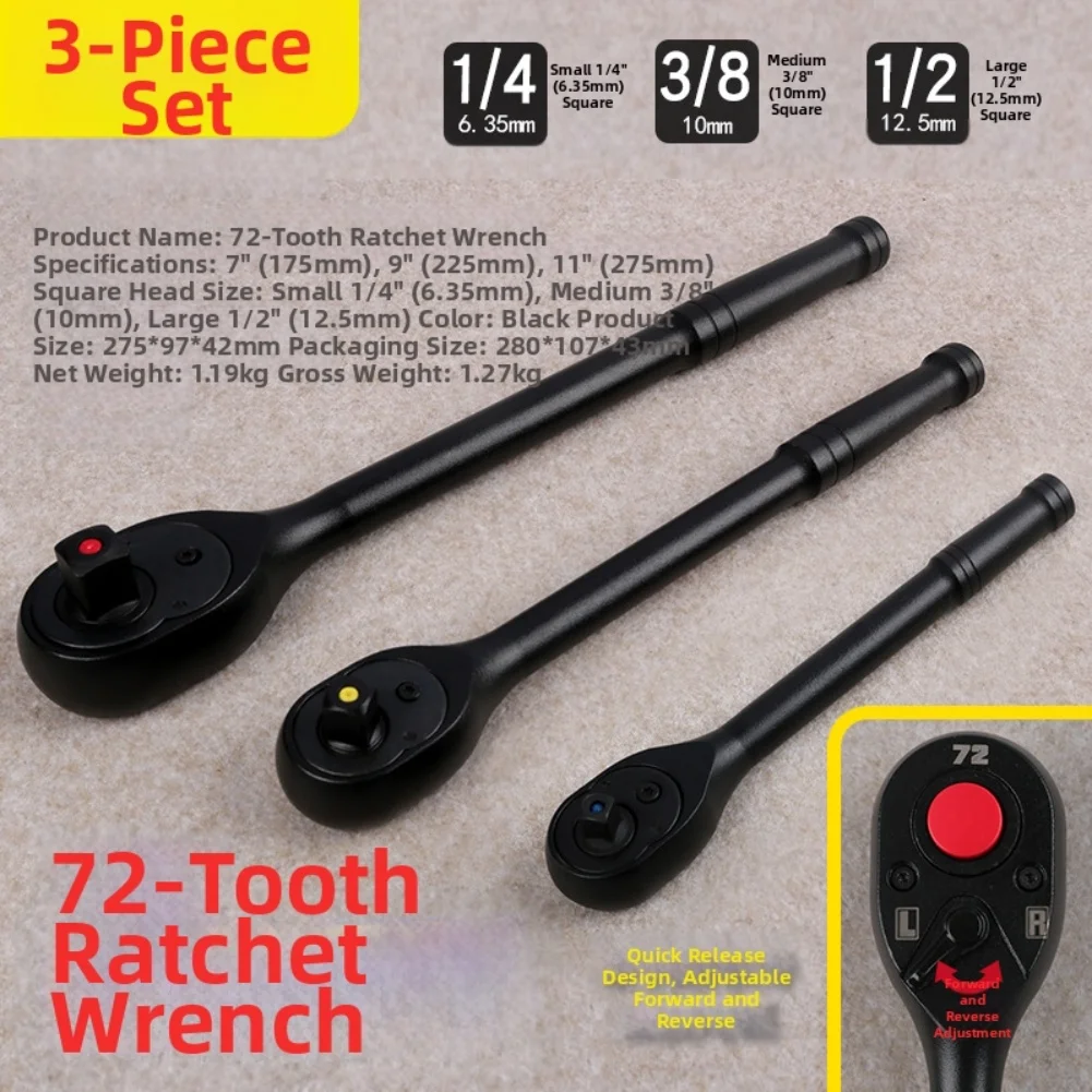 

3pcs 72-tooth Ratchet Socket Wrench 1/4 3/8 1/2 Inch Quick Release Reversible Drive Wrench Socket Mechanical Hand Repair Tool