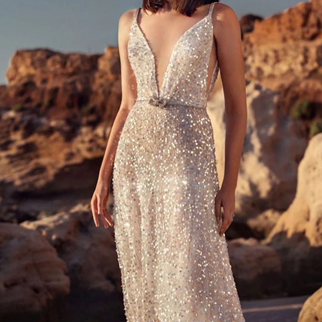 Vestidos De Gala con lentejuelas brillantes Para mujer, Vestidos De fiesta De boda, Sexy, cuello en V, Vestidos De novia Para Eventos especiales