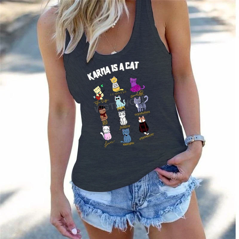 

Woman Clothing Karma Is A Cat Tank Top for Summer Midnights Retro Racerback Tanks Trendy Fan Cat Lovers Karma Cat Funny Outfit