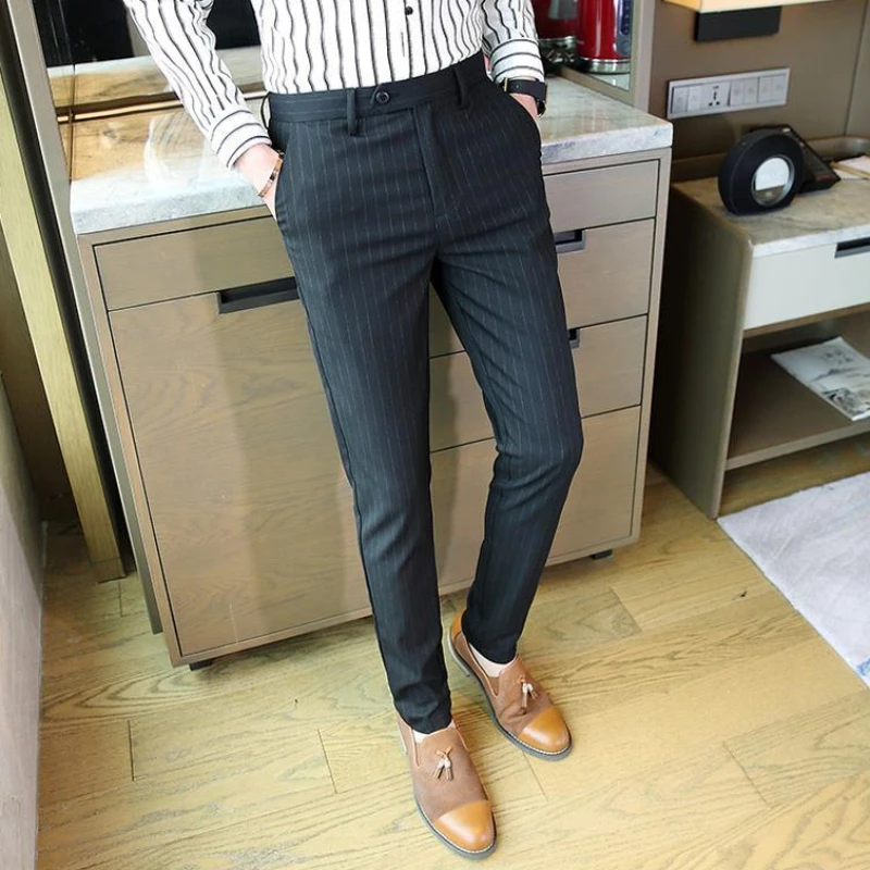 Business Man Suits Pants Slim Fit Striped Social Tailoring Tressed Trousers for Men Clothes Offer Spring High Quality Slacks Up