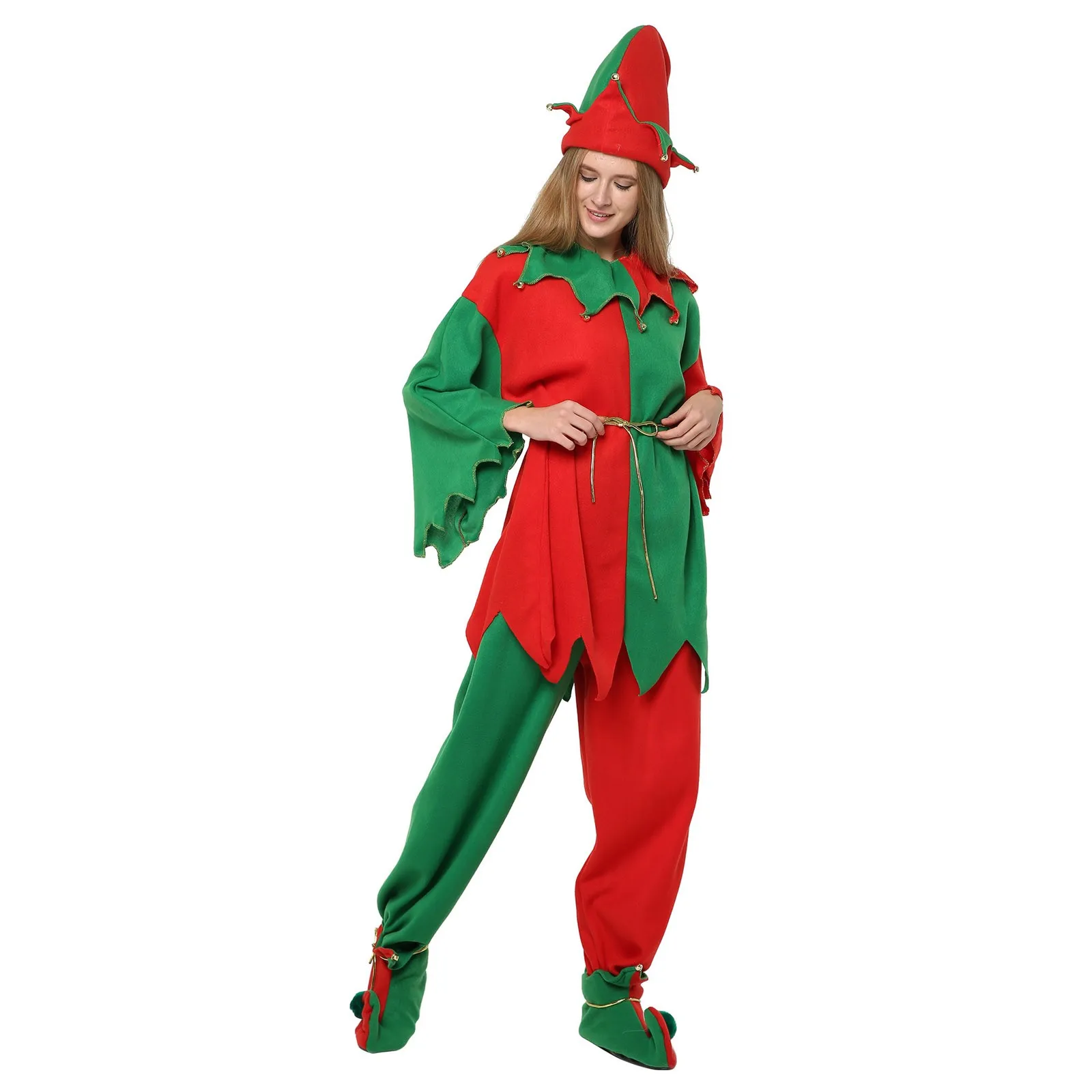 

Christmas Santa Claus Costume Women Green Elf Cosplay Dress Adult Kids Belt Hat Elf Ear Suit New Year Xmas Party Outfits