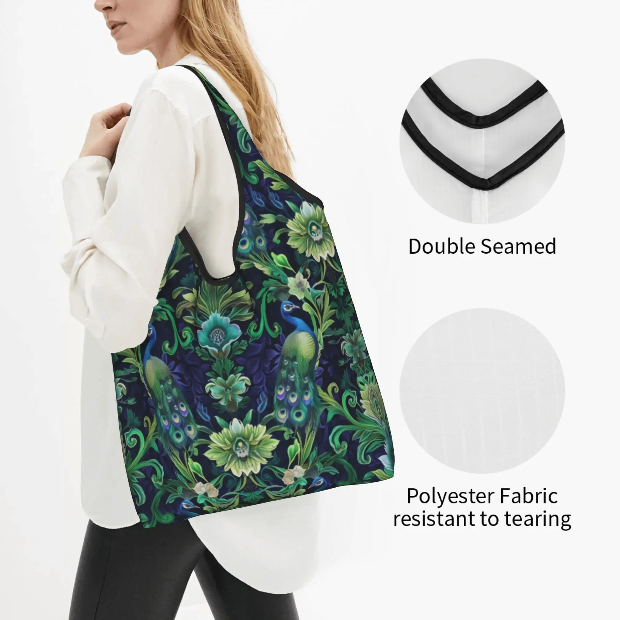 Kawaii Printing Peacock Bird Floral Flowers Blue Green Tote Shopping Bag Portable Shoulder Shopper Animal  Handbag