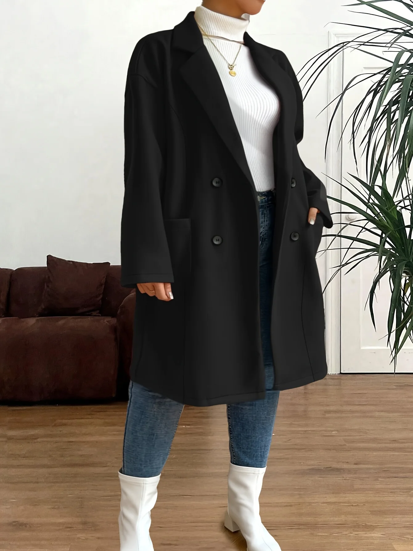

Plus Size Black Double Breasted Notched Lapel Mid-Length Coat