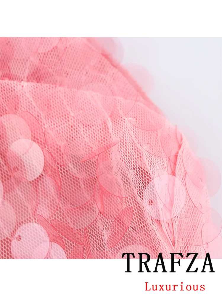 TRAFZA Sexy Chic Pink Women Mini Party Dress Halter Sequined Sleeveless Bow Shiny Dress Fashion 2024 Autumn Evening Club Dress