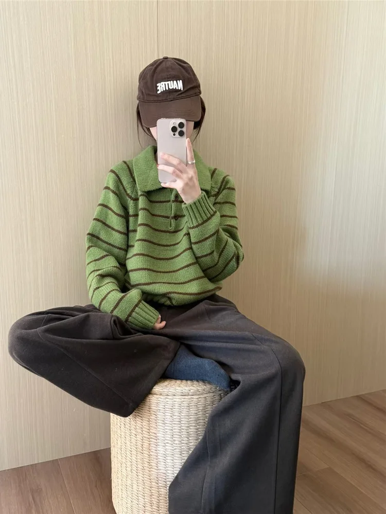 Suéter de Punto ueso con Cuello  para Mujer, a Rayas Verdes, Estilo Hoado para Otoño e Invierno, Corto, Cómodo y Cálido