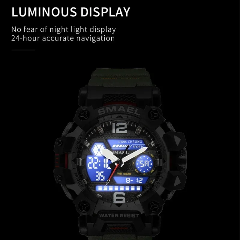 SMAEL 8072 50m Waterproof Sports Watch Military Man Sports Watch Digital Dual Display Watch  Quartz  Led Digital Men Watches