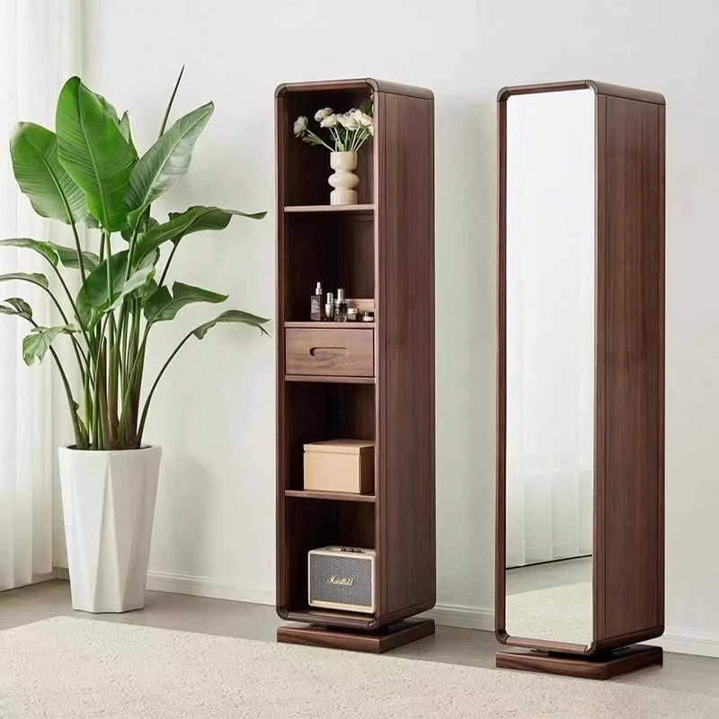 Black walnut full-length mirror full-body floor mirror rotating mirror all solid wood vertical bookshelf
