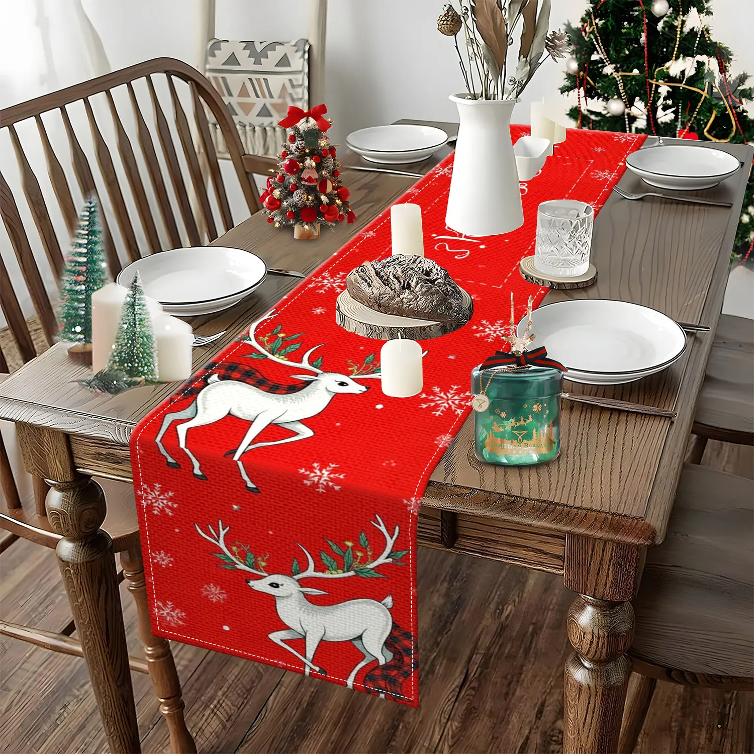 قطعة واحدة من مفرش طاولة بطابع عيد الميلاد مع أنماط الأيائل وندفة الثلج، مناسبة لحفلات عيد الميلاد ومشاهد تزيين المنزل الاحتفالي. #4