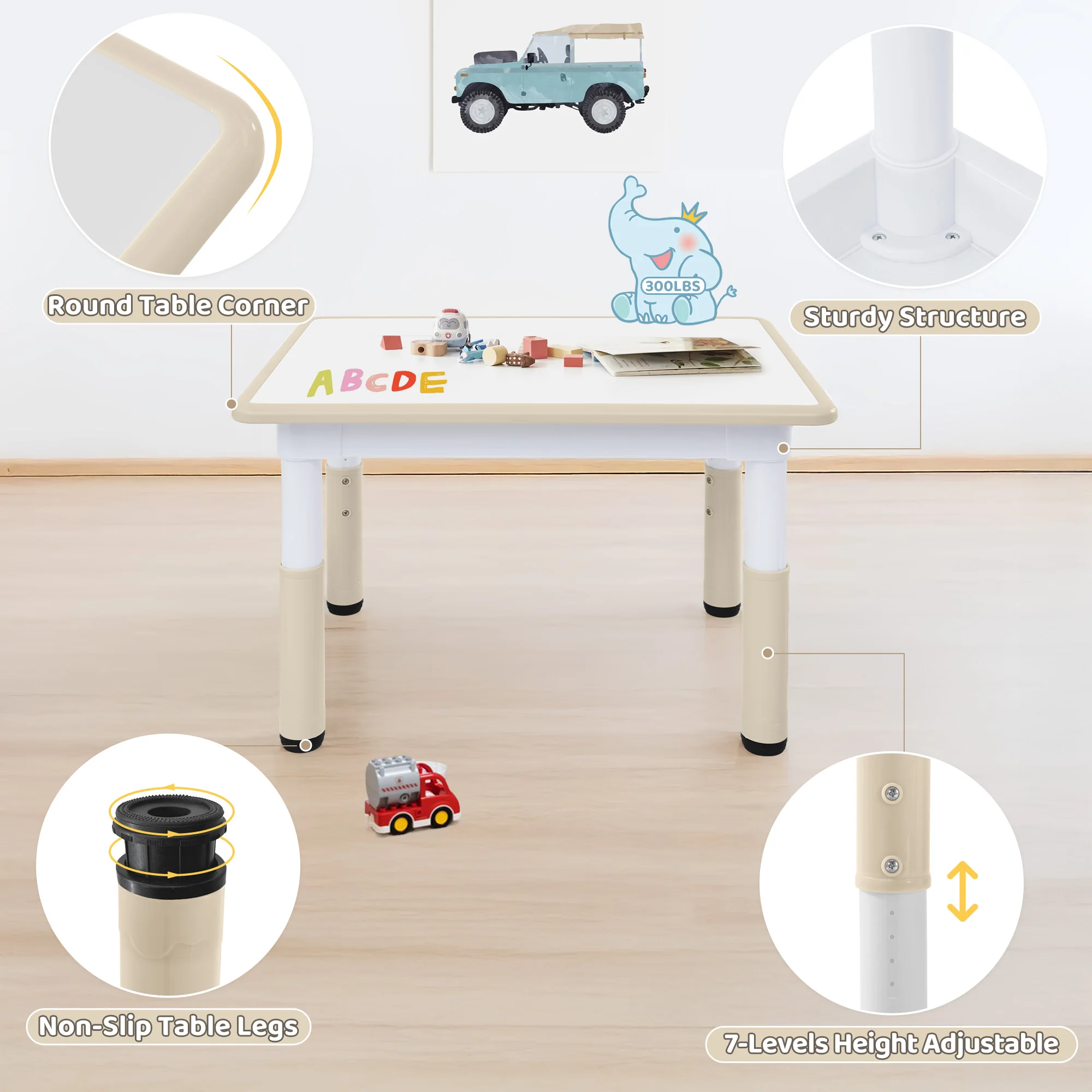 Kids Table 31.5" × 23.6", 7-Level Height Adjustable Toddler Activity Table, Graffiti-Proof Plastic Desk for Ages 3-8, Home & Daycare - view 4