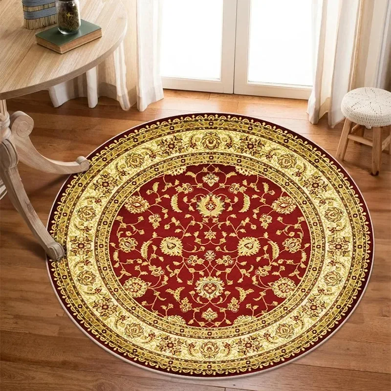 Vintage Red Gold Persian Round Rug Anti‑Slip Floor Carpet Traditional Ornate Floral Mat for Living Room Bedroom Indoor