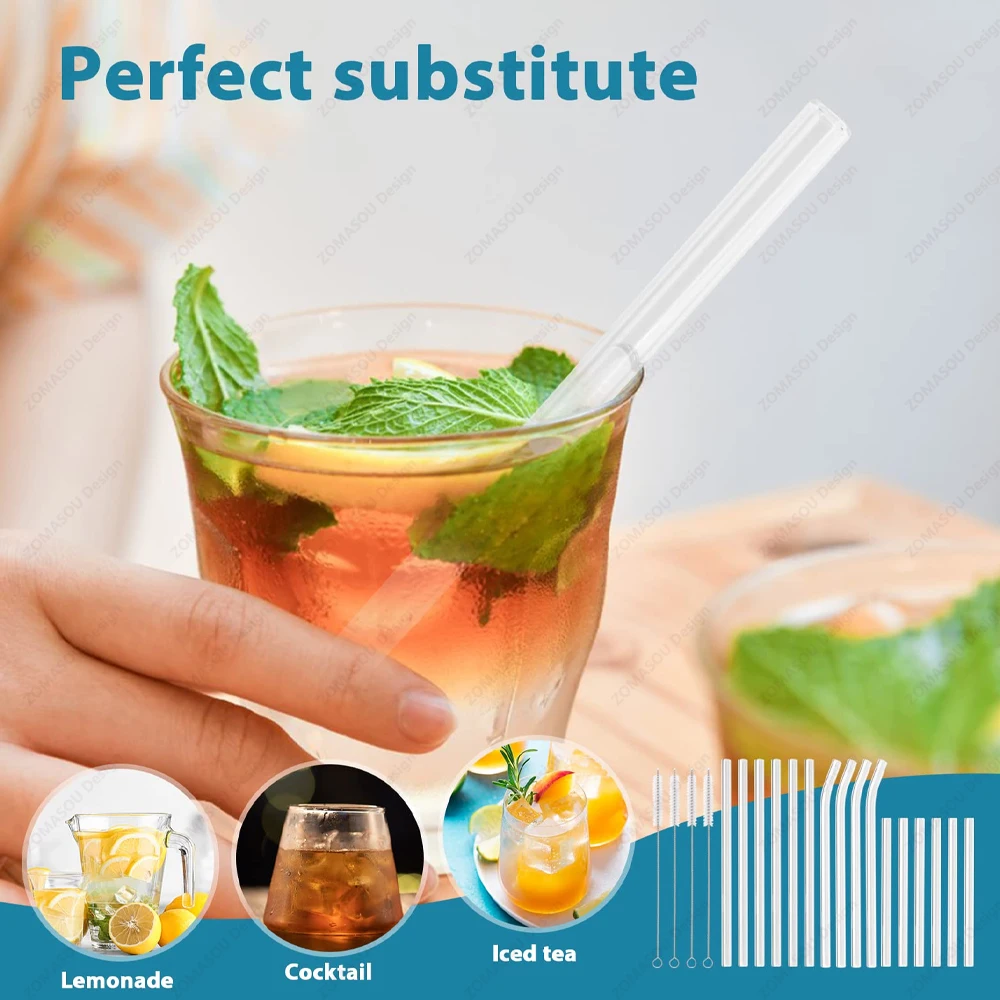 50-1 Stück hochwertige Trinkhalme aus Borosilikatglas, wiederverwendbar, umweltfreundlich, Metall-Trinkhalme für Smoothies, Cocktails, Trinkhalme mit Bürste – Detail 6