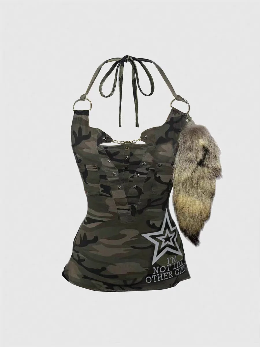 Camiseta sin mangas de camuflaje con detalle de cadena con estampado de estrellas estilo americano Y2K para mujer