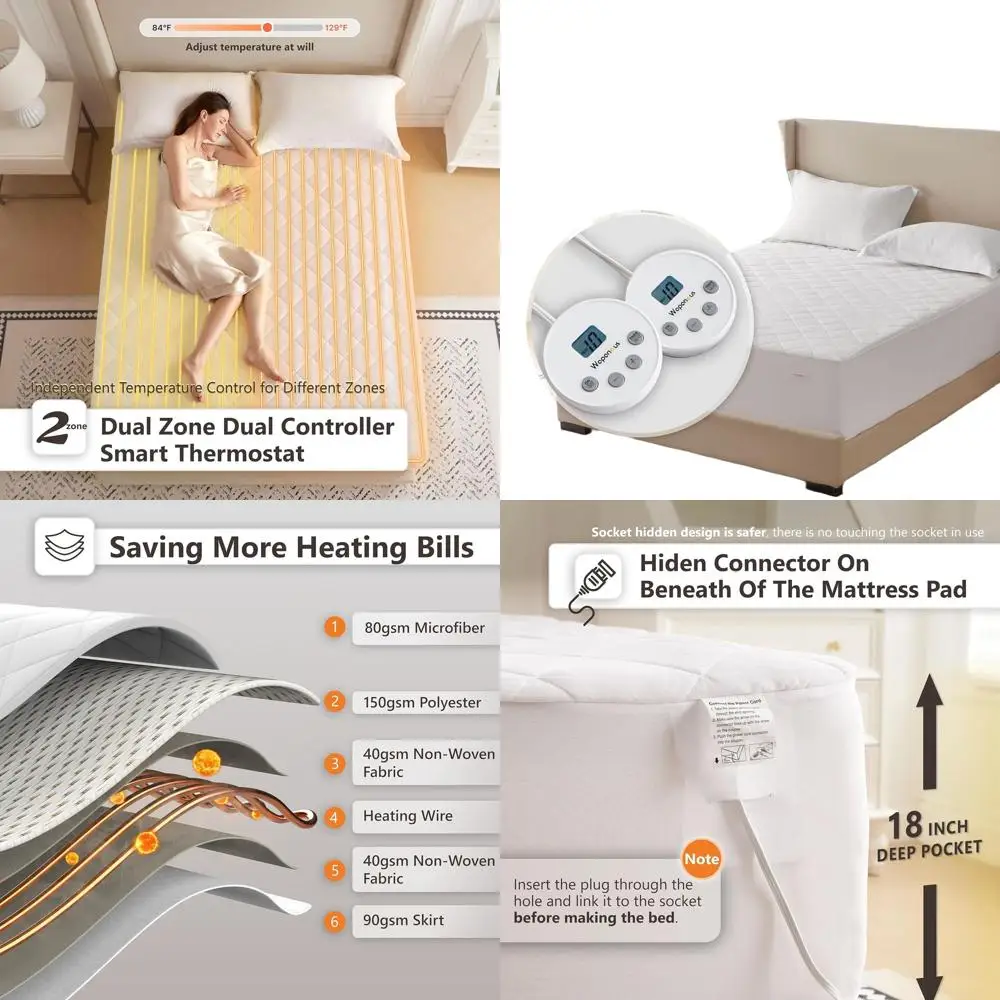 

Подушка для матраса с подогревом размера «queen-size» с 10 настройками нагрева, двойным управлением, таймером от 1 до 12 часов, подходит для матрасов, можно стирать в машине