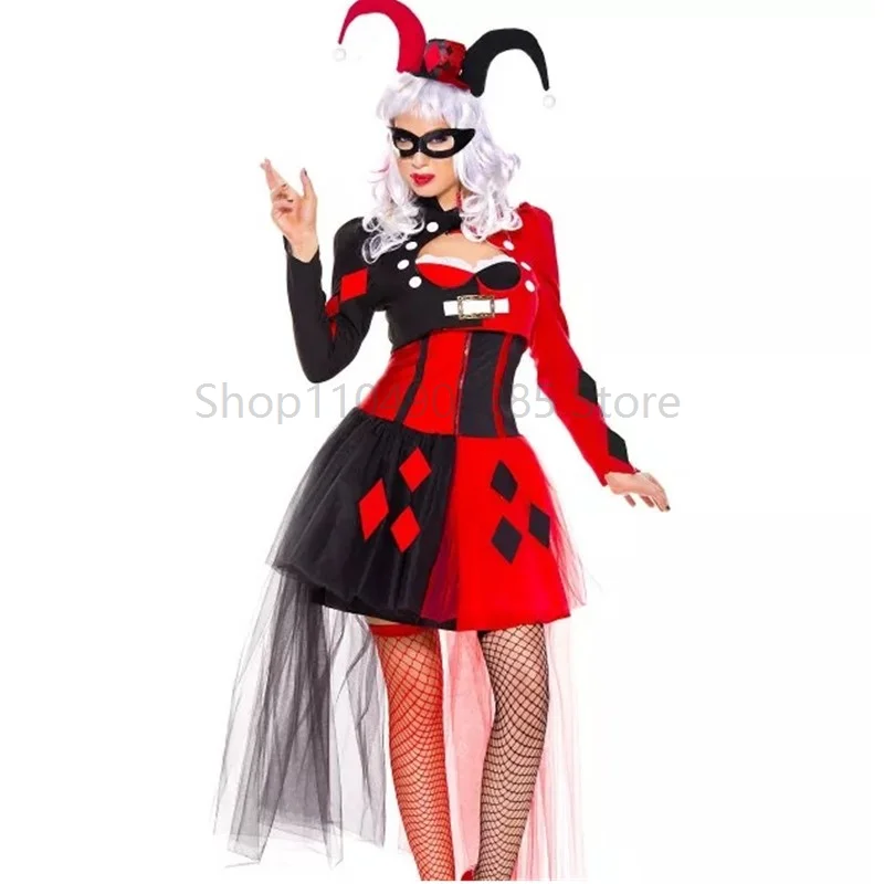

Halloween Purim Horror Devil Murderer Monster Clown Costume Carnival Party Funy Crazy Naughty Circus Joker Cosplay Dress