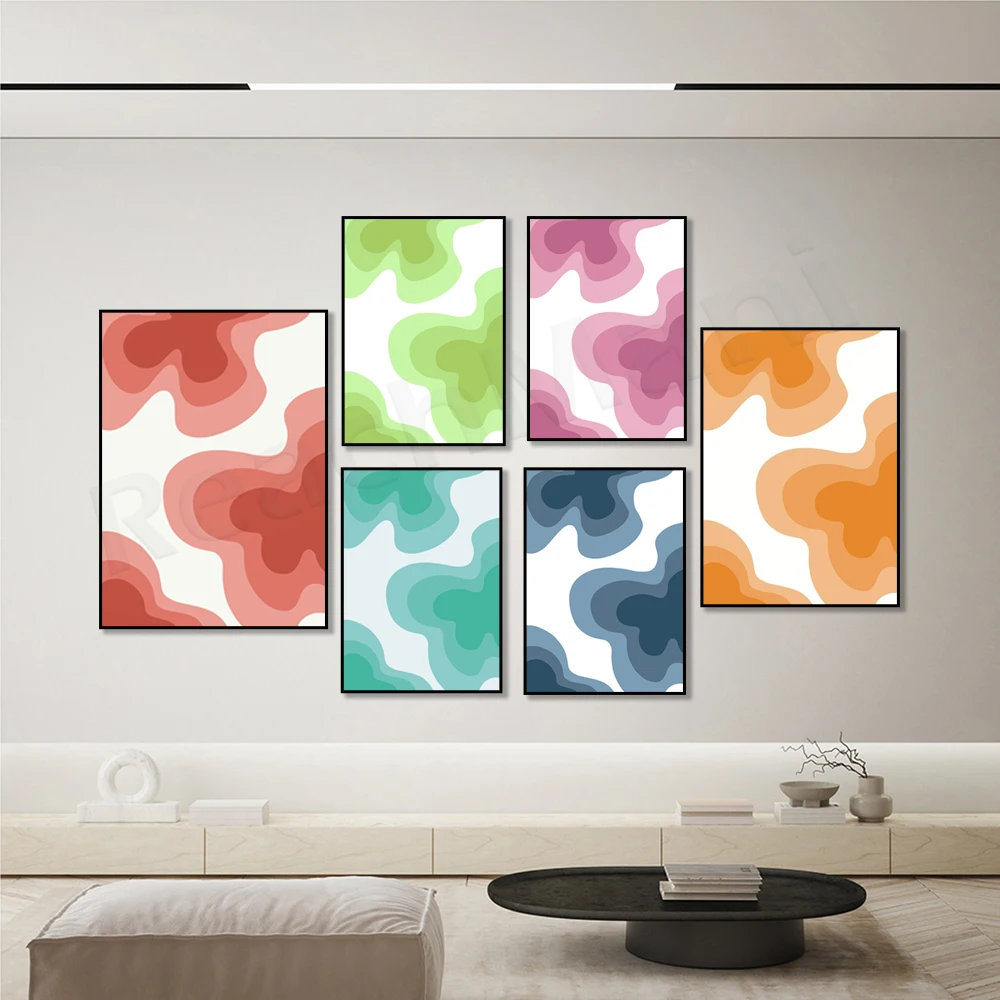 Vintage bubble line art 70s floral hippie wall art print, retro mid century, pink red orange green, aesthetic poster