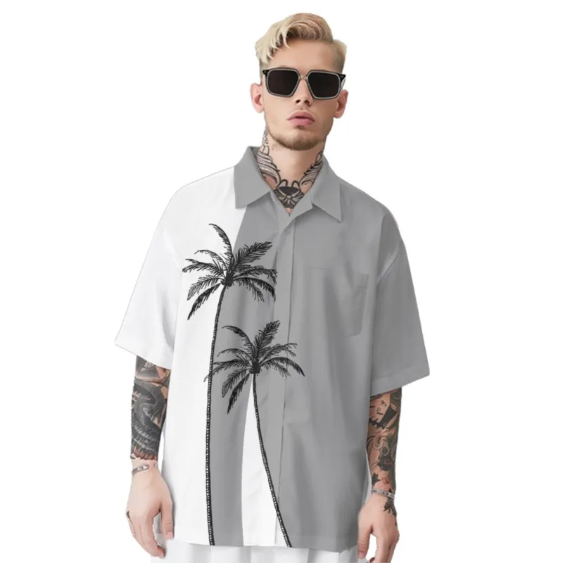 

Cocoanut Trees Print Hawaiian Style Silver Shirt Men's Chest Pocket Shirt Casual Short Sleeve Daily Smart Business Shirt For Men