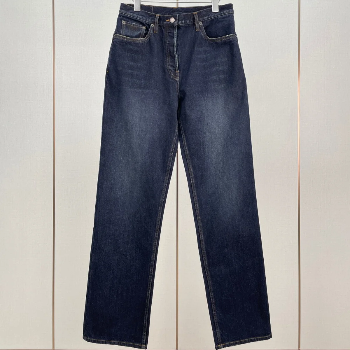 High Quality Women Dark Blue Straight Leg Jeans, Classic High Waist Loose Denim Pants, Vintage Casual Trousers lyt134568