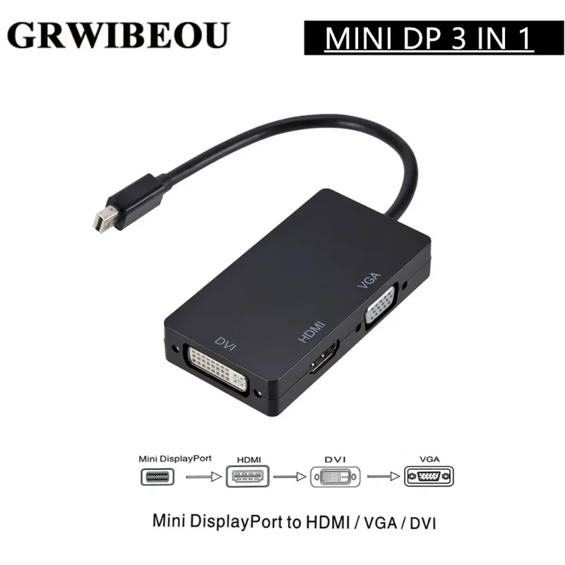 Grwibeou 3 in 1 Mini DP DisplayPort to HDMI/DVI/VGA Display Port Cable Adapter for Converter Cable For Apple MacBook Air Pro MDP