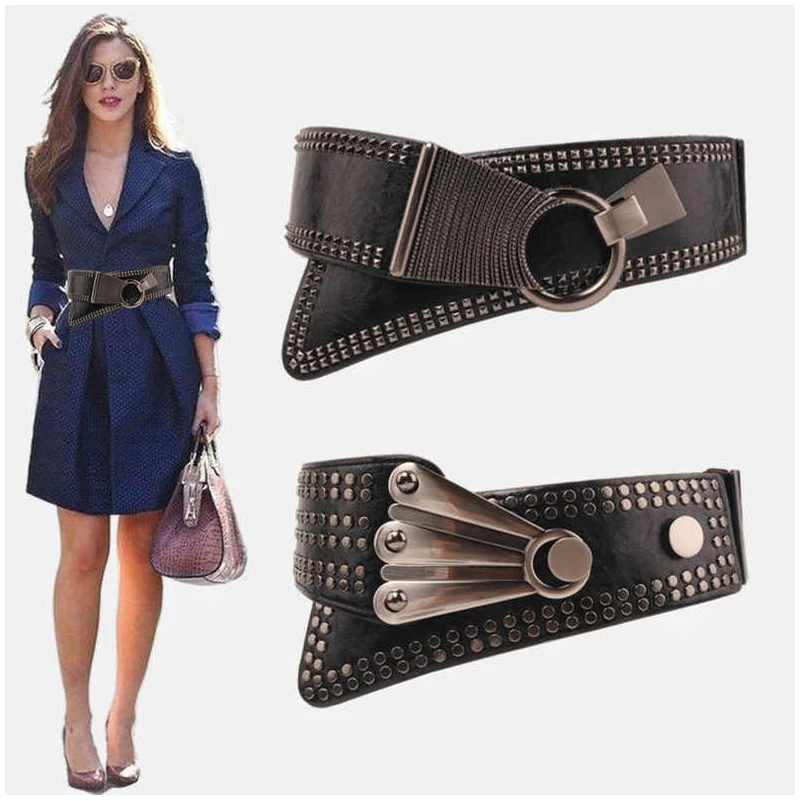 

Western Punk Rivet Pattern Elastic PU Leather Women Cummerbund Fashion Joker Wide Women Belt With Dress Down Coat