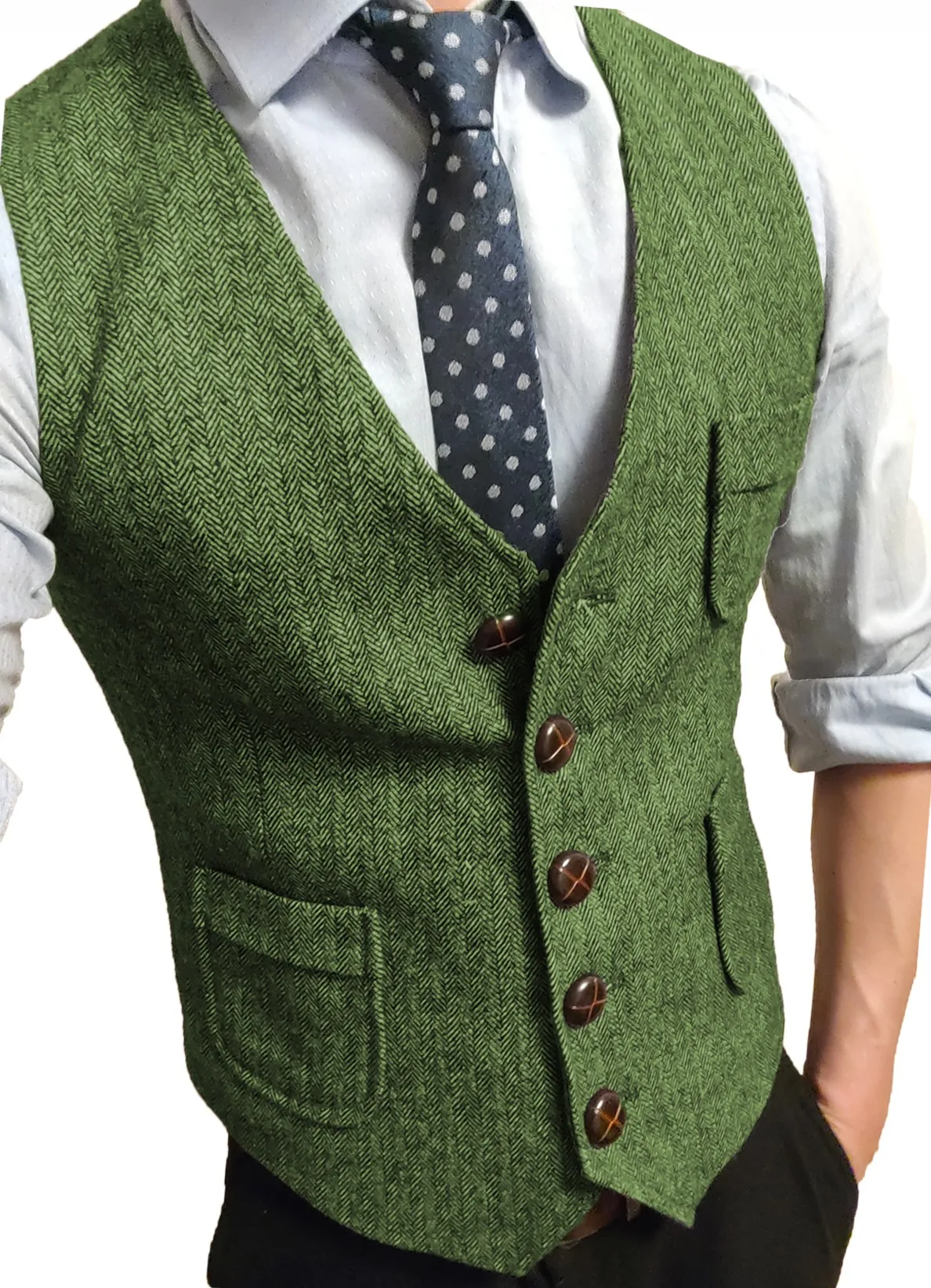 

Men Vest Green Formal Suit V-neck Tweed Herringbone Waistcoat Business For Wedding Evening Party Prom Suit Vests