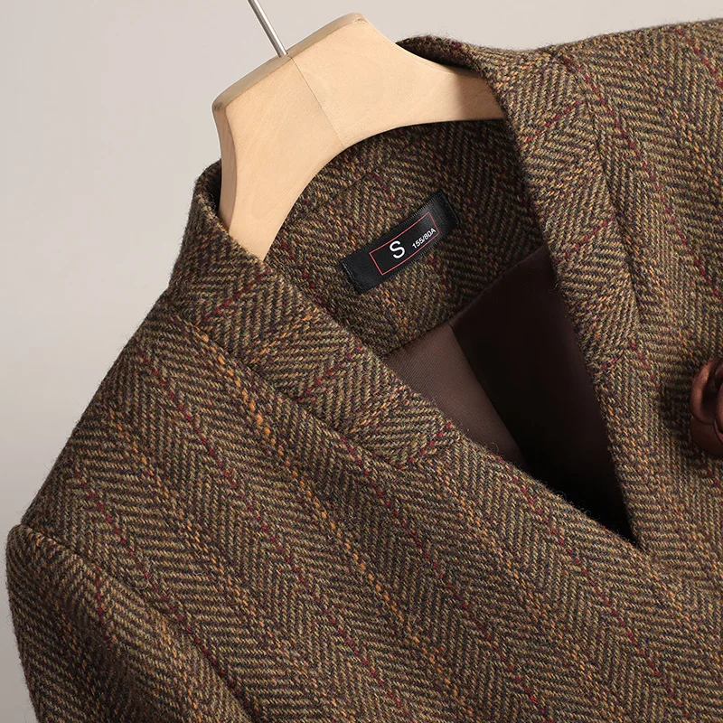 Small Fragrant Style Wool Woolen Blazer Women Autumn Winter Jacket New Striped Suit Top Winter Thicken Coat Lady Office Blazers