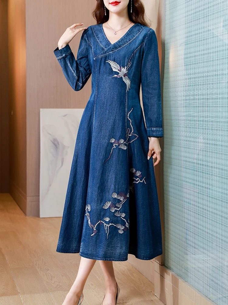 

TIYIHAILEY Free Shipping A-line Women Long Mid-Calf Full Sleeve Denim Spring Dresses M-2XL Chinese Style Embroidery Cheongsam