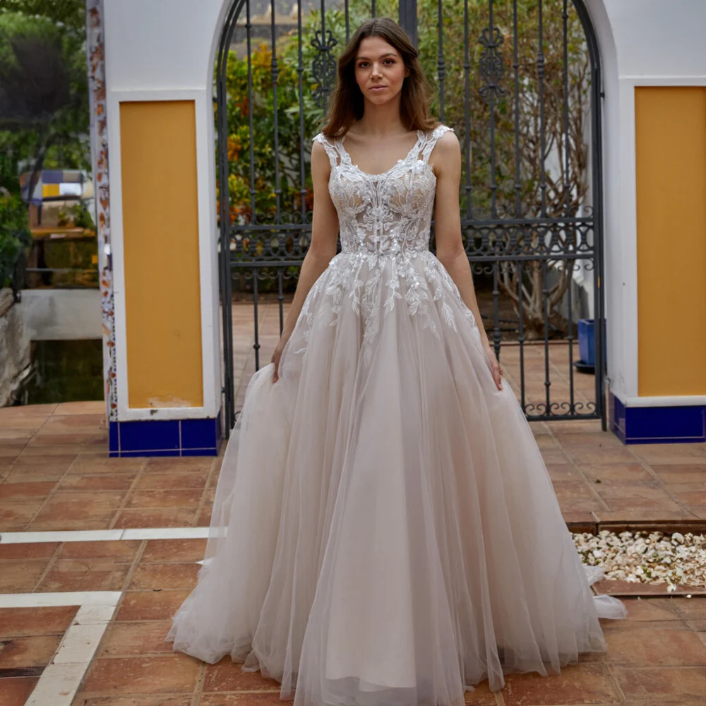 Vestido de novia con tirantes finos de encaje para mujer, traje elegante de tul, línea A, sin mangas, para fiesta de boda