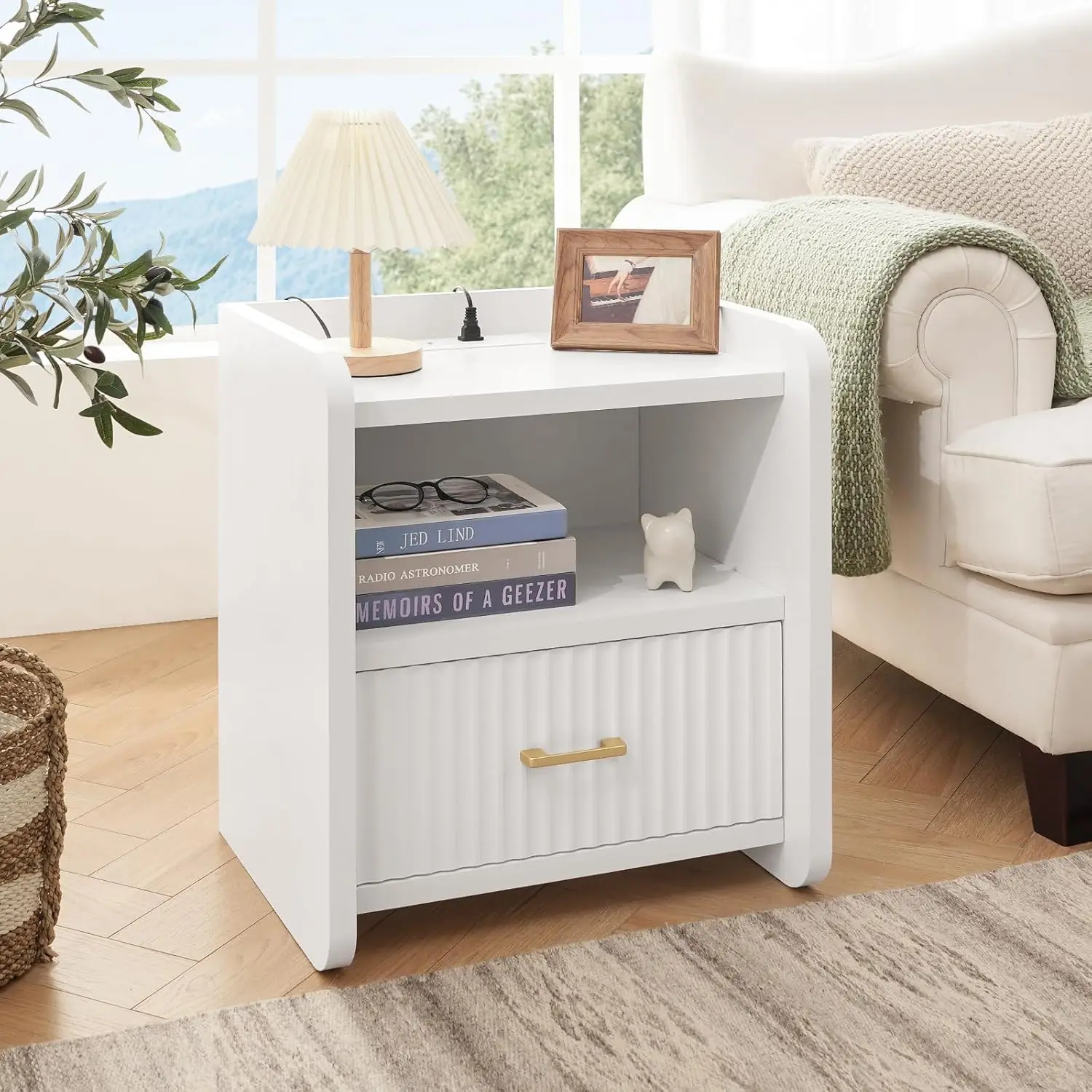 

Night Stand with Charger Station, Fluted Wood Nightstand with Drawer Storage, Modern Bedside Table, Wide Nightstands for Bedroom