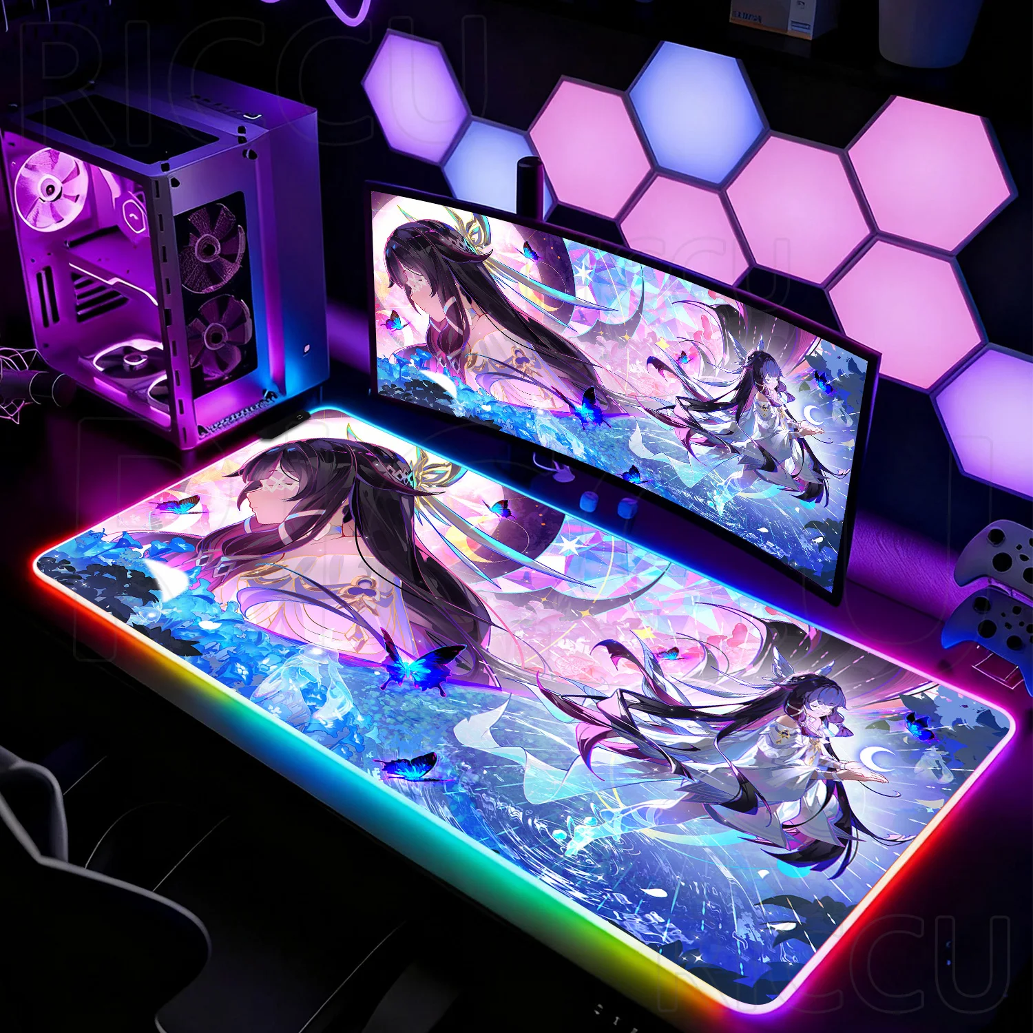 

Коврик для мыши RGB HD XXL с изображением Колумбии из Genshin Impact, милый кавайный коврик для клавиатуры и мыши для девочек, большой настольный коврик для ПК, игровой коврик для ноутбука, светодиодный настольный коврик