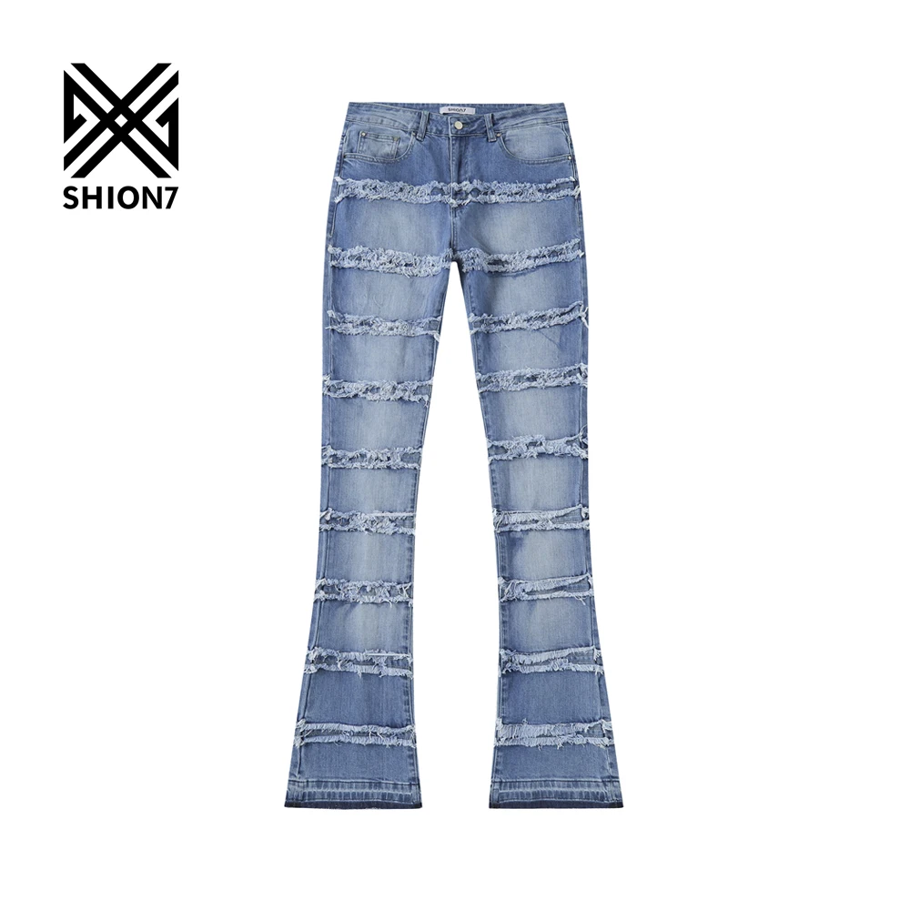 

2024 Skinny Fit Stacked Wide-leg American Style Medium Blue Jeans Men's Trendy Brand High-street Flare Bottom Autumn Pants