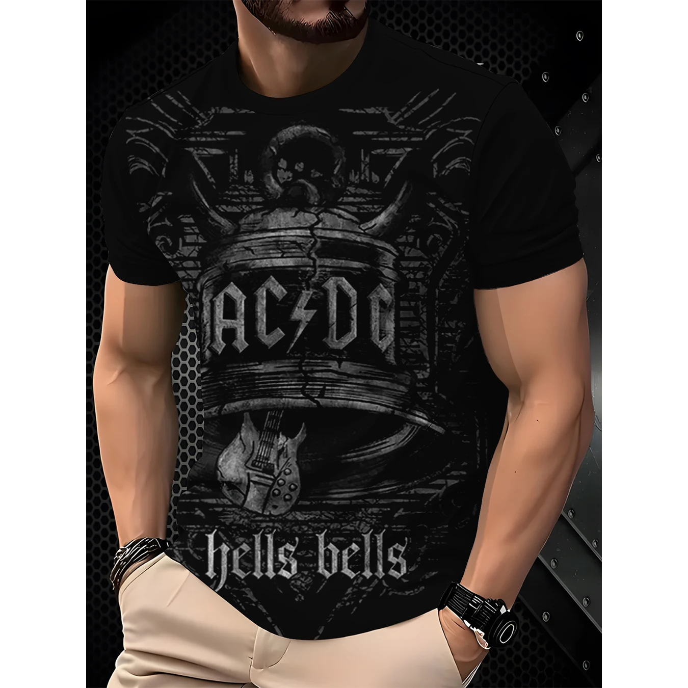 Herren-T-Shirt mit Rundhalsausschnitt und kurzen Ärmeln, Vintage-Grafikdruck mit Glocke und E-Gitarre – Detail 3