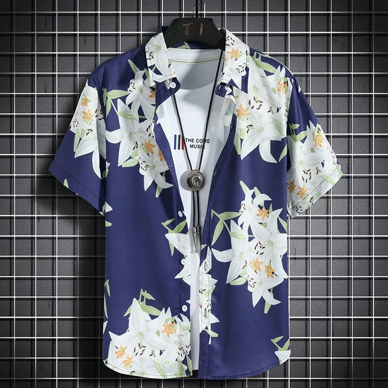 Men Lapel Short Sleeve Shirt Dark Blue Base White Lily Green Leaf Print Loose Daily Vacation Button Casual Tops