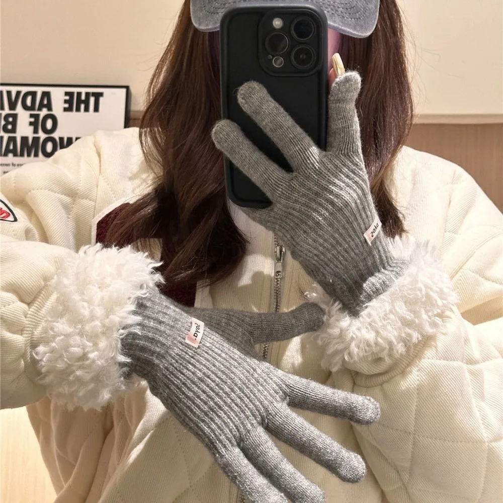 Finger-splitting Plush Edges Gloves Keep Warm Windproof Touch Screen Gloves Korean Style Full Finger Lamb Wool Gloves Cycling