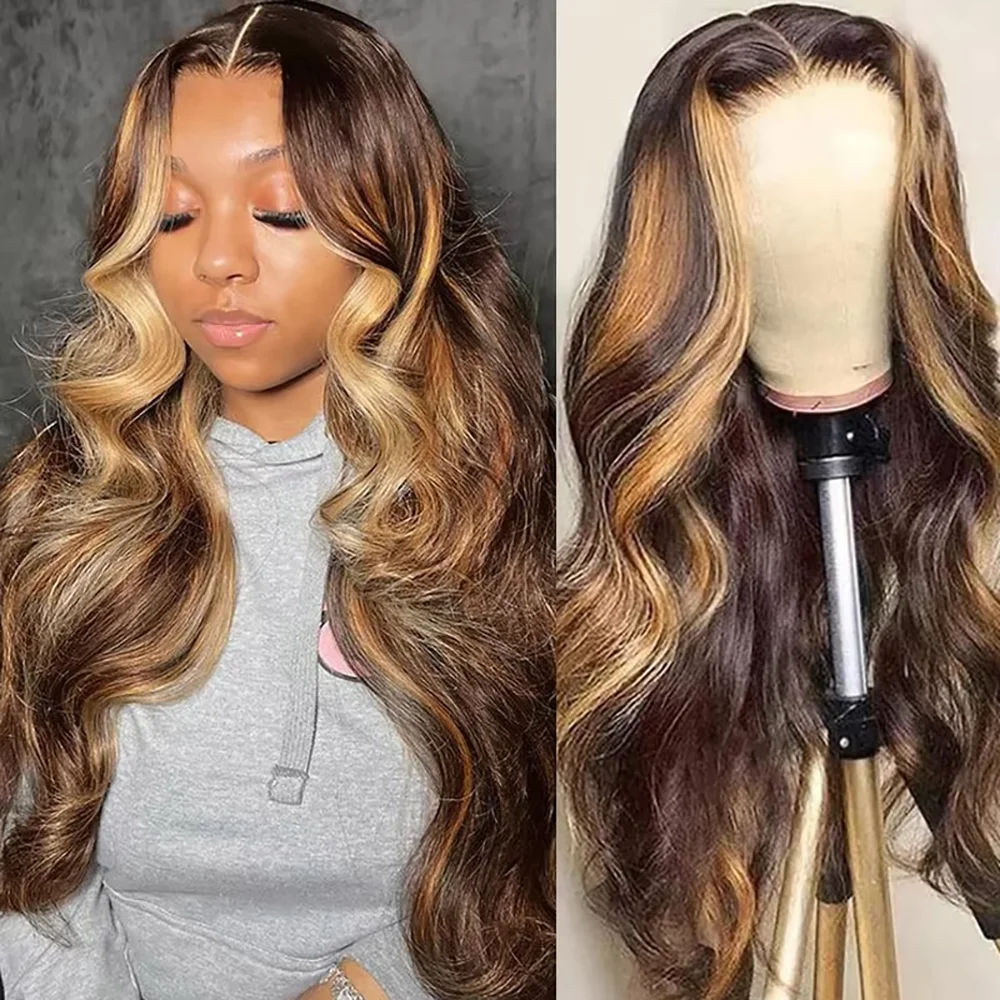 Long Inch P4/27 Colored Highlight Body Wave 200 Density 13x4 13x6 Transparent Lace Pre Plucked Hairline For Casual Daily And Party Occasion P4/27 Colored Wigs Pre-Plucked Prebleached