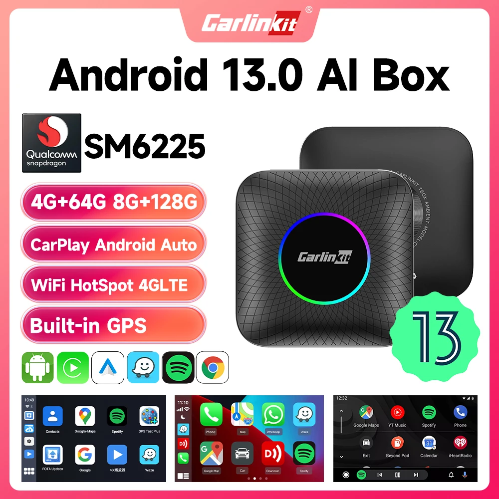 2024 CarlinKit CarPlay AI Box Android 13.0 SM6225 8-Core Android Auto Wireless CarPlay Adapter 2.4+5GGPS 64G 128G FOTA Upgrade