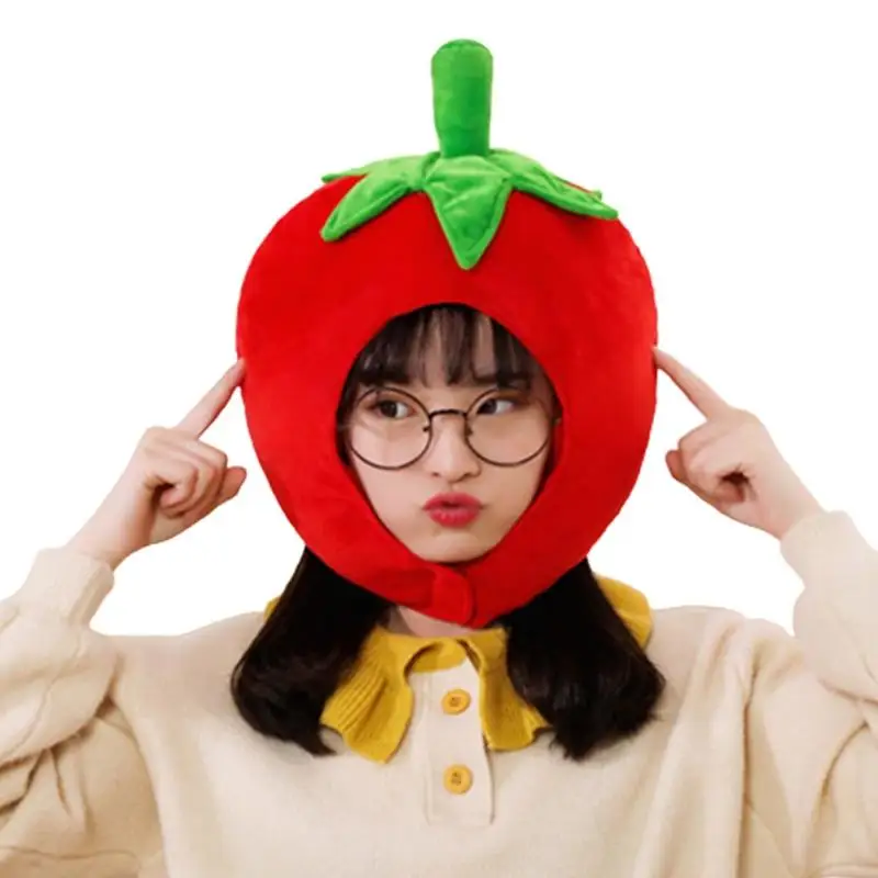 

Y5GC Lovely Tomato Plush Hat Funny Fruit Stuffed Headgear Warm Earflap Performance Cosplay Party Photo Props