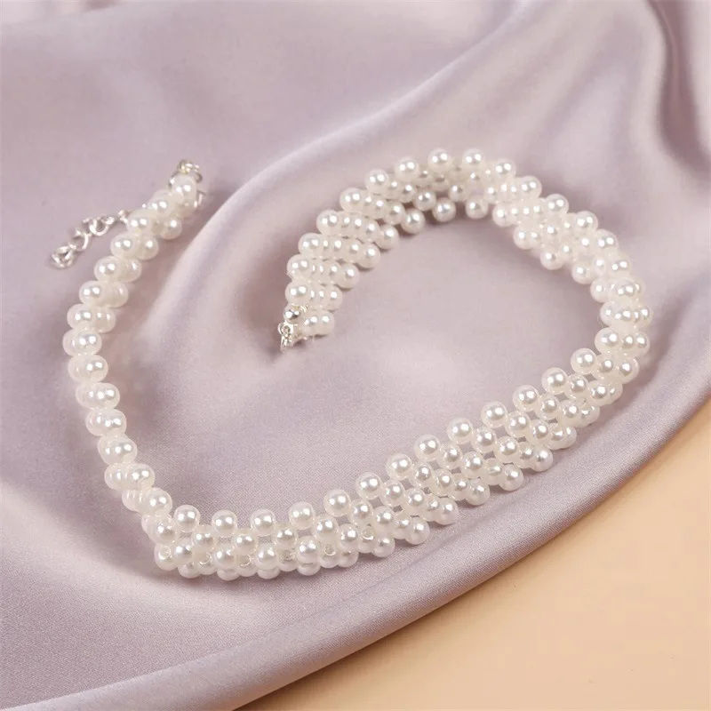 Bohemian Summer Simplicity Weave Imitation Pearl For Women Collarbone Necklace Exaggerated Wedding Short Neckchain Jewelry Gift