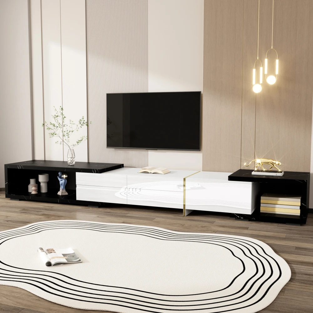Moderner TV-Schrank mit variabler Länge (140–260 cm), drehbarer Funktion, weißes Hochglanz-Matt-Finish und goldenen Dekorationen – Detail 10
