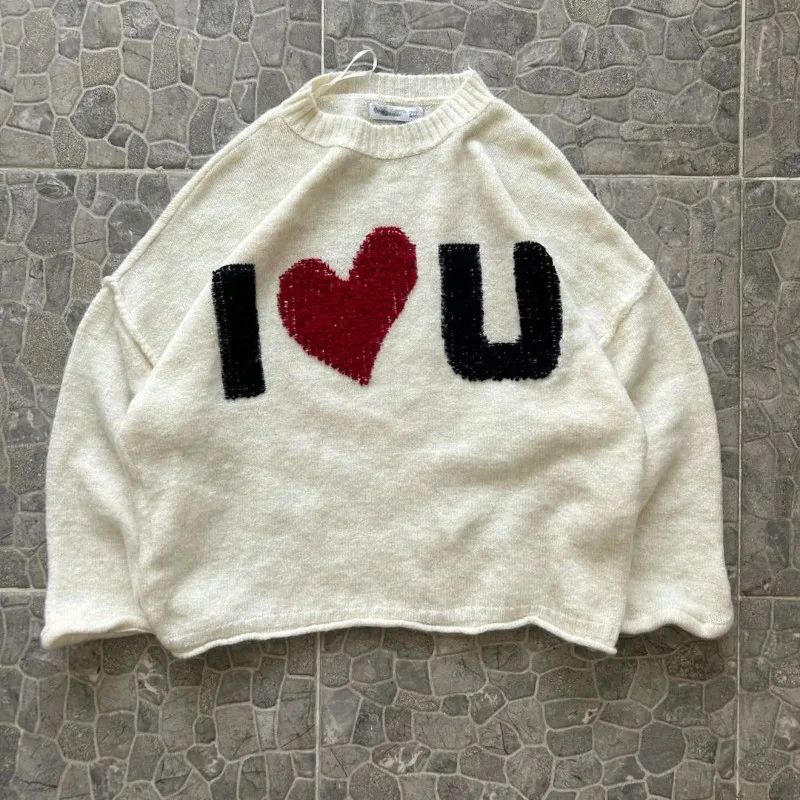 Y2k women\'s knitted long sleeved round neck pullover I love you knitted pattern sweater oversize streetwear couple clothing