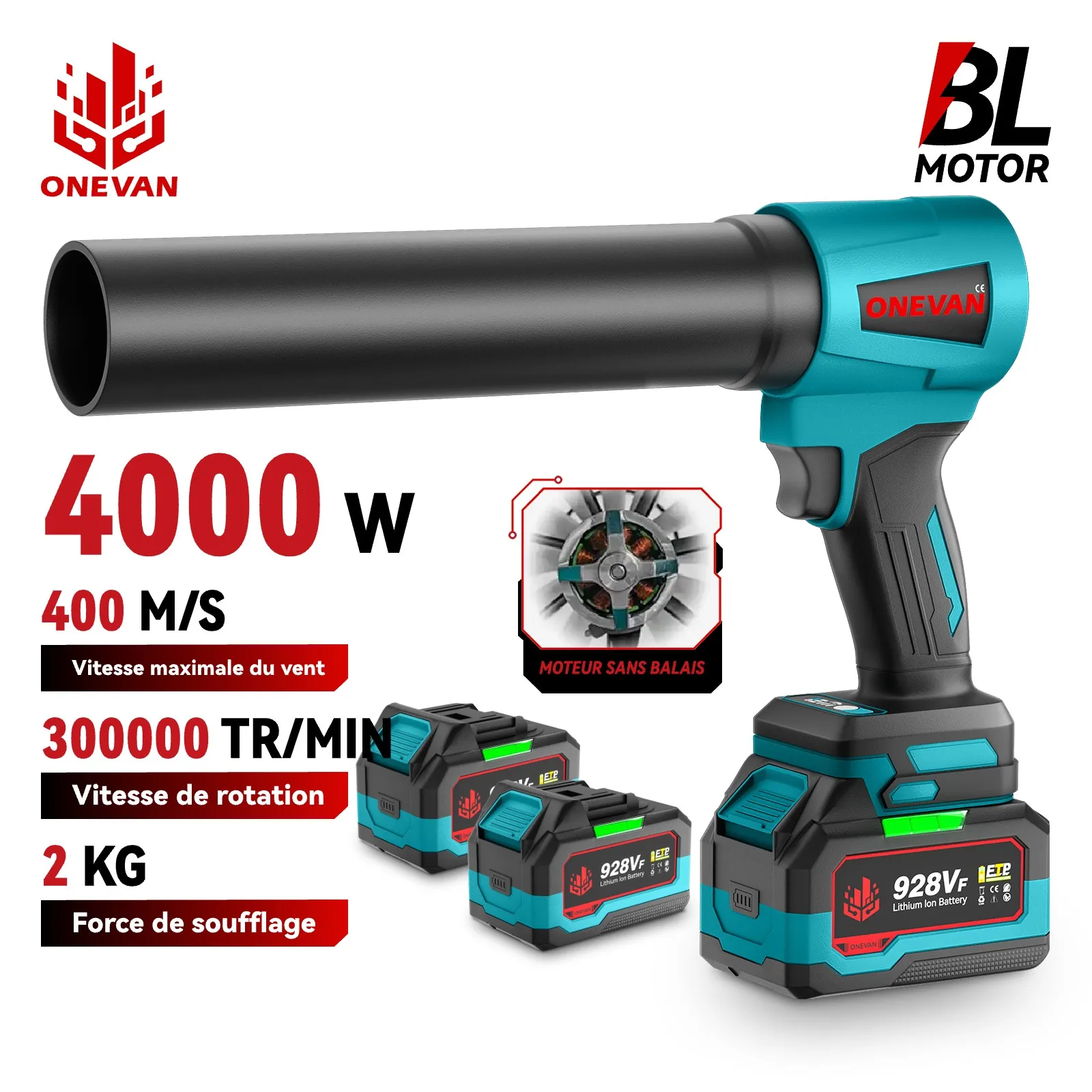 ONEVAN 400 M/S 4000 W haute puissance sans brosse Turbo ventilateur électrique ventilateur Jet ventilateur feuille de neige poussière outil pour Makita batterie broche