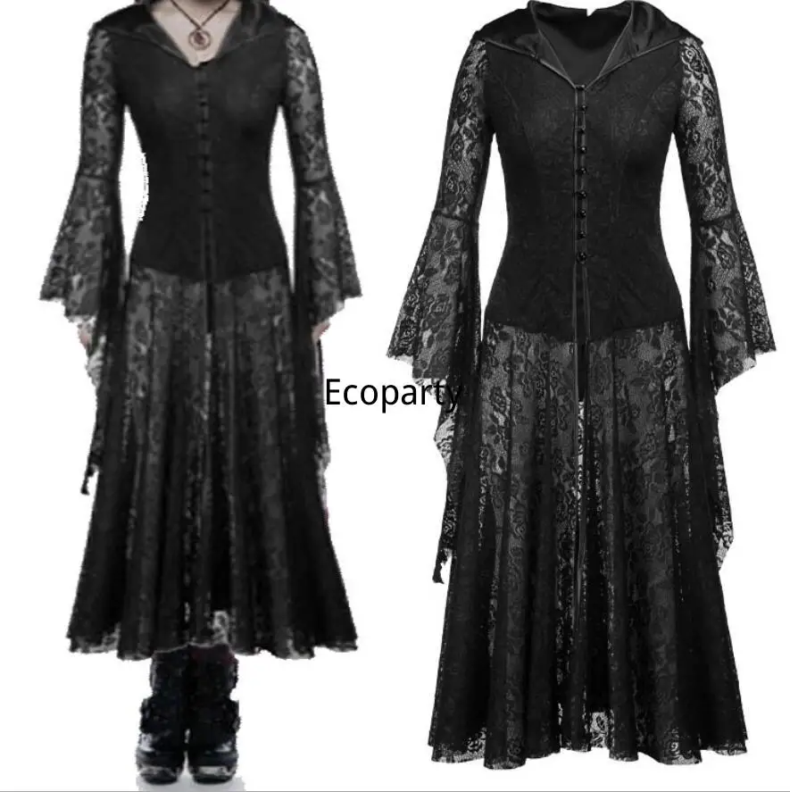 

Women Medieval costume Gothic Lace Up Hooded Flare Sleeve Coat Dress Steampunk Halloween Lace Dress