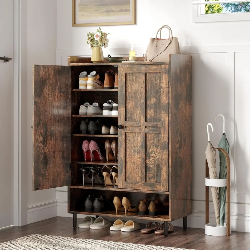 

Shoe Storage Cabinet with Cross Molding Doors, 6-Tier Shoe Cabinet with 3 Adjustable Shelves and Metal Legs, 45 Inch Tall Shoes