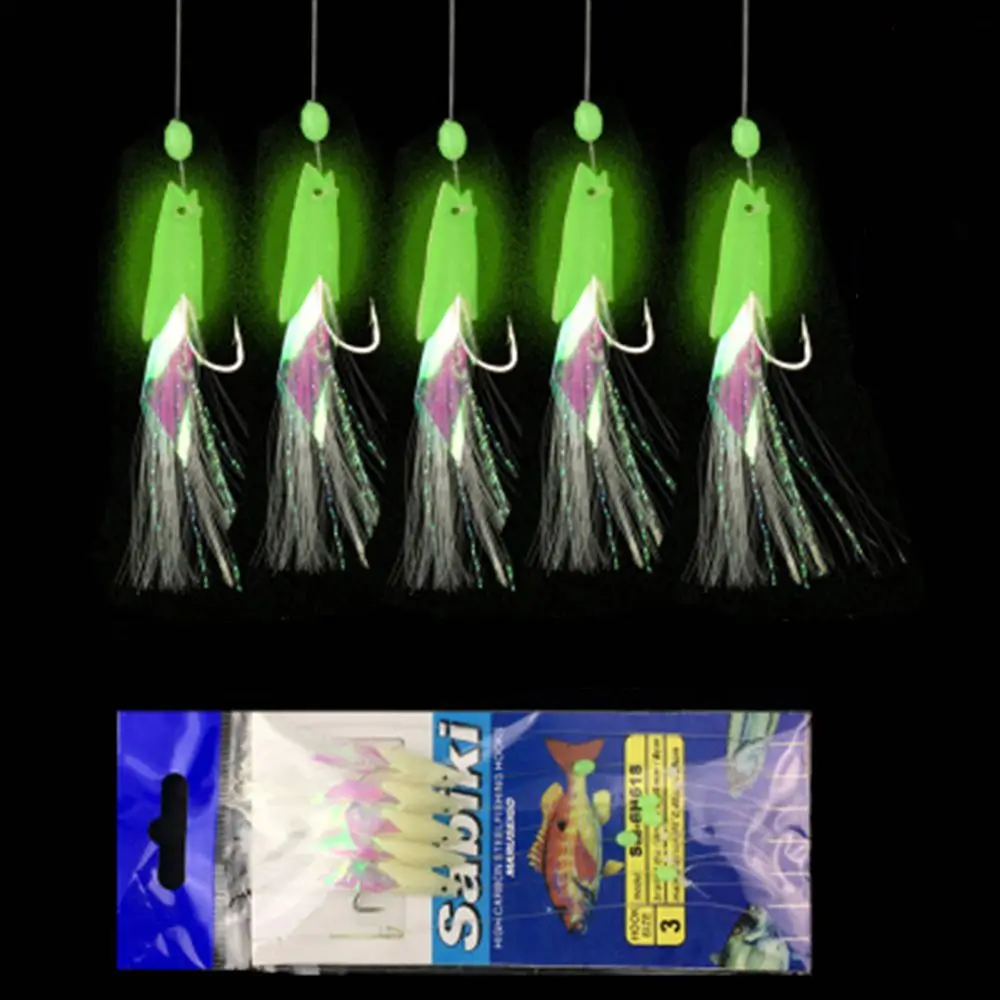 5Pcs/Set Carbon Steel Mackerel Feathers Luminous Lure Sea Fishing Bass Cod High Quality Fishing Hook Treble Bait Fishing Wire