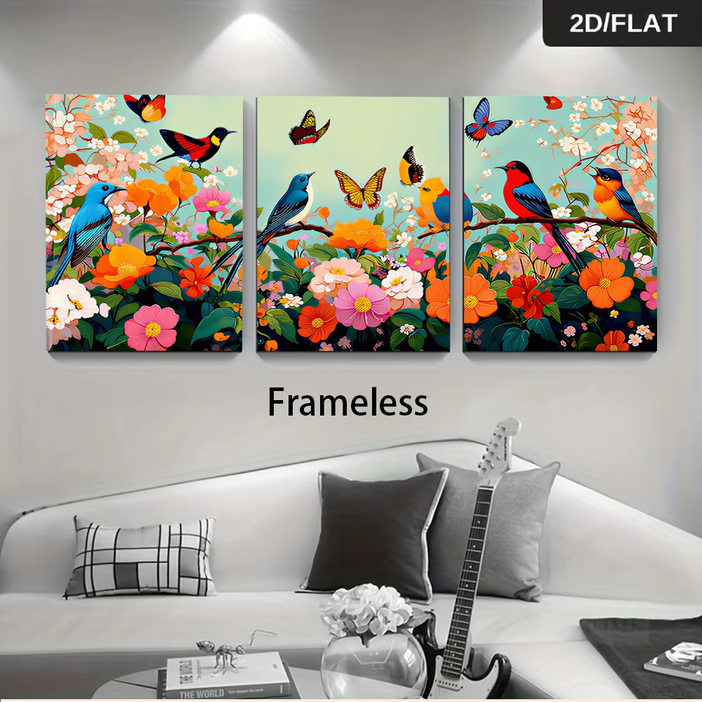 3PCS Large-sized frameless canvas paintings,1 set of frameless 2D decorative paintings featuring flowers, birds, and butterflies