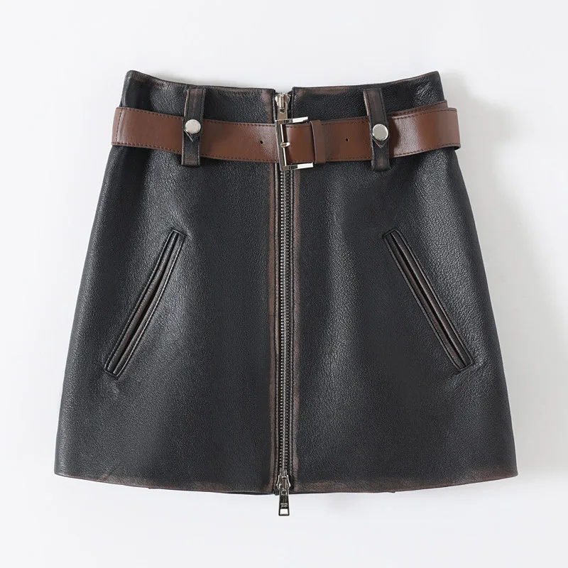 Women Leather Mini Skirt Women Vintage High Waist Streetwear Black Slim Casual High-waist with Belt