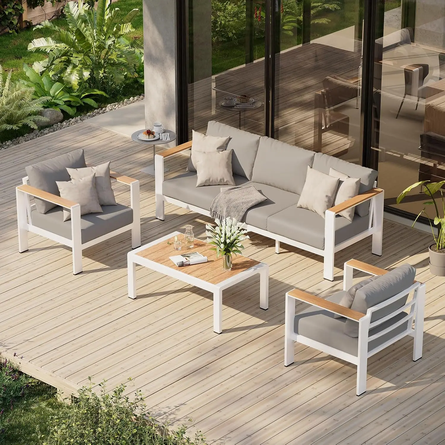 Aluminum Patio Furniture Set Coffee Table, 4 Piece Outdoor Sofa Washable Thick Cushions Porch Balcony Deck, Customized